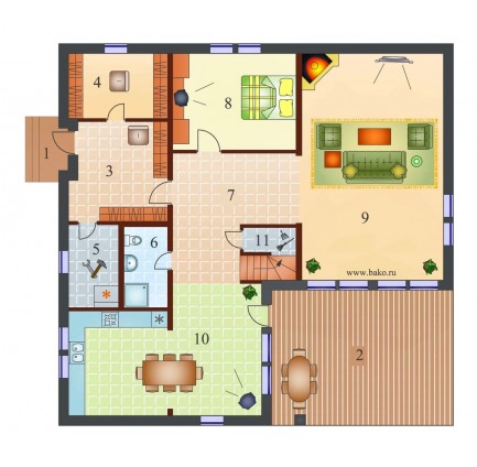 Планировка двухэтажного каркасного дома Бунгало 2 M с верандой