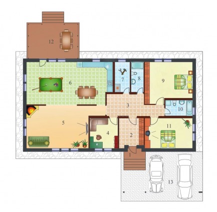 Планировка одноэтажного каркасного дома Бунгало XL+ с террасой под ключ от компании БАКО