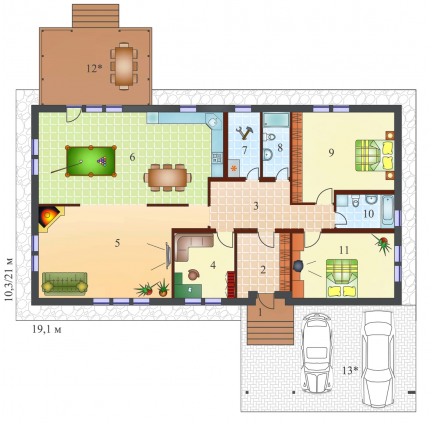 Планировка одноэтажного каркасного дома Бунгало XL+